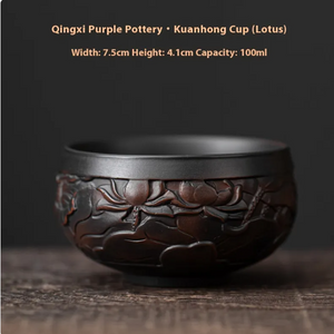 Handmade Purple Clay Tea Cup | Artisan Zisha Cup with Carved Design